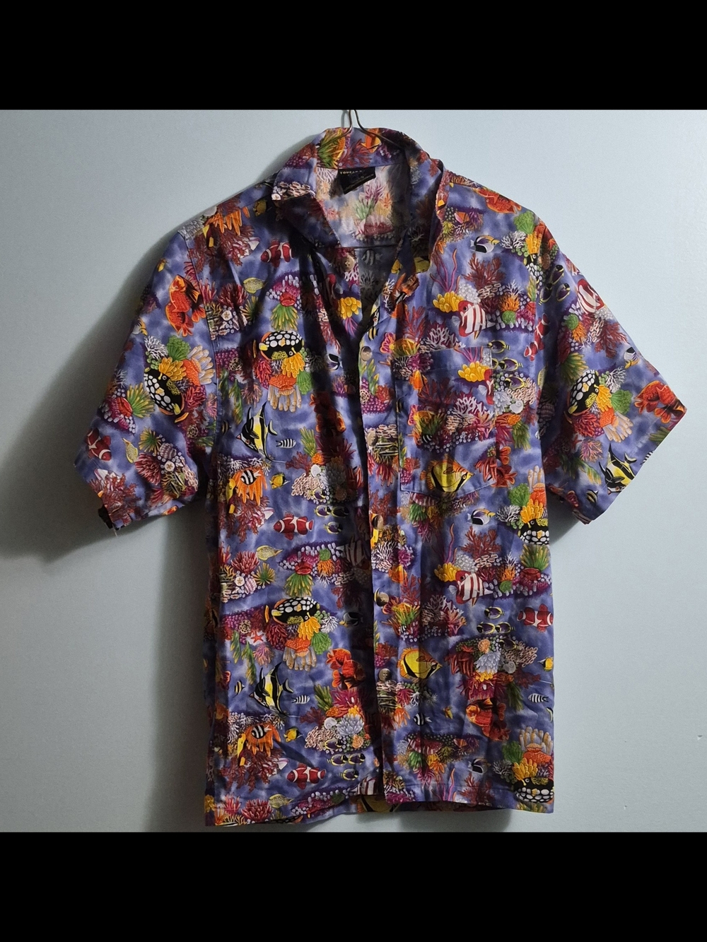 90S VTG ALL OVER PRINT TROPICAL FISH Hawaiian shirt S  USA
